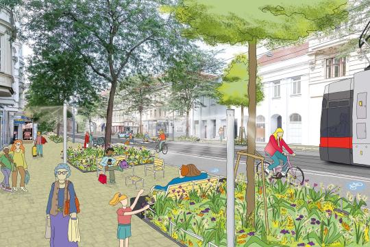 Zeichnerische Darstellung. Im Vordergrund ein ein breiter Gehsteig mit üppig bepflanzten Baumscheiben, dazwischen Sitzgelegenheiten. Im Hintergrund der Zweirichtungsradweg und eine Straßenbahn auf den Gleisen.