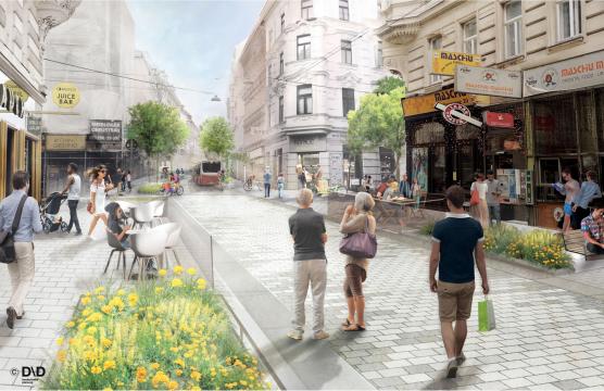 Rendering zur Umgestaltung der Neubaugasse zur Begegnungszone und "kühlen Meile". (c) Mobilitätsagentur