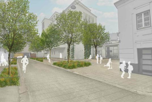 So soll der Vorplatz der Neuen Mittelschule Schäffergasse aussehen, sobald der Umbau abgeschlossen ist. Foto/Rendering: zwoPK