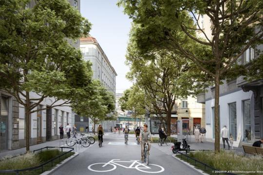 Rendering der geplanten Fahrradstraße in der Pfeilgasse. ©Mobilitätsagentur Wien/zoomvp.at