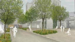 So soll der Vorplatz der Neuen Mittelschule Schäffergasse aussehen, sobald der Umbau abgeschlossen ist. Foto/Rendering: zwoPK