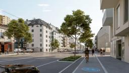 Visualisierung des geplanten Radwegs auf der Wagramer Straße (zwischen Donauzentrum und Kagraner Platz). (c)ZOOMVP/Mobilitätsagentur Wien