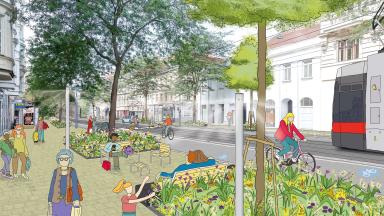 Zeichnerische Darstellung. Im Vordergrund ein ein breiter Gehsteig mit üppig bepflanzten Baumscheiben, dazwischen Sitzgelegenheiten. Im Hintergrund der Zweirichtungsradweg und eine Straßenbahn auf den Gleisen.