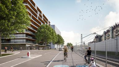 Visualisierung des Radwegs auf der Adolf-Blamauer-Gasse. Quergasse: fahrradfreundliche Otto-Preminger-Gasse. (c)zoom vp/Mobilitätsagentur Wien