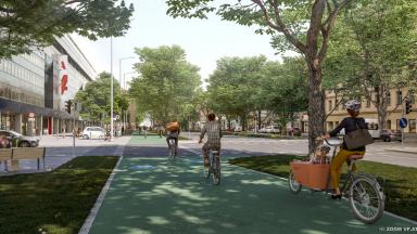 Visualisierung verbreiterter Zweirichtungsradweg Lassallestraße. (c)zoomvp.at/Mobilitätsagentur Wien/FCP Fritsch, Chiari & Partner ZT GmbH