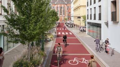 Rendering der Argentinierstraße. Neben den breiten Gehsteigen gibt es auch eine Reihe Begrünung. Die Fahrbahn ist in roter Fahrbahn ausgeführt, mit großen Fahrrad-Symbolen. (c) ZOOMVP/Mob