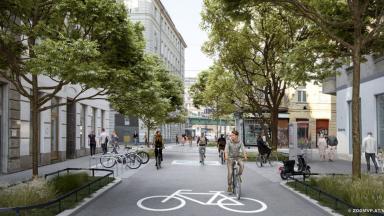 Rendering der geplanten Fahrradstraße in der Pfeilgasse. ©Mobilitätsagentur Wien/zoomvp.at