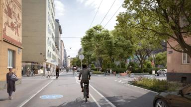 Rendering des geplanten Zweirichtungsradweges in der Herndlgasse. ©Mobilitätsagentur Wien/zoomvp.at